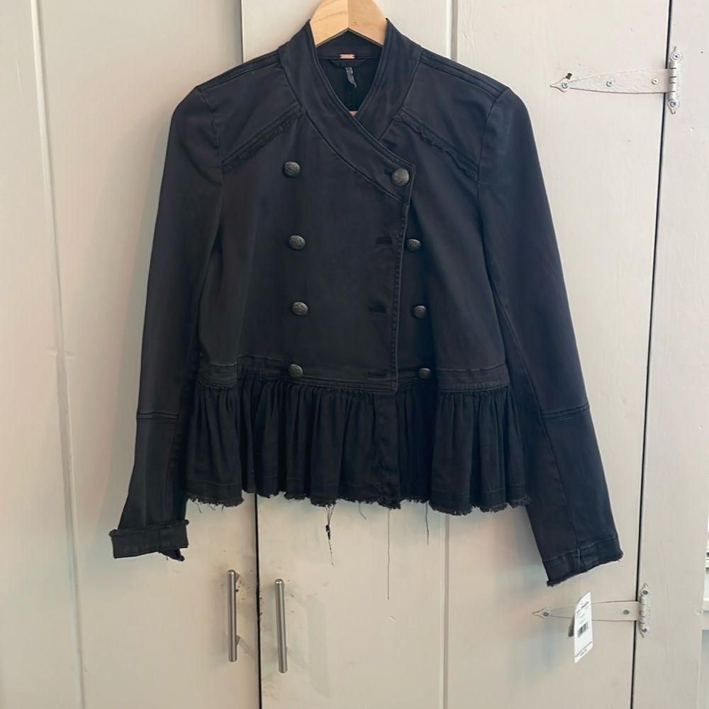 NWT Free People Black Ruffle Military Jacket